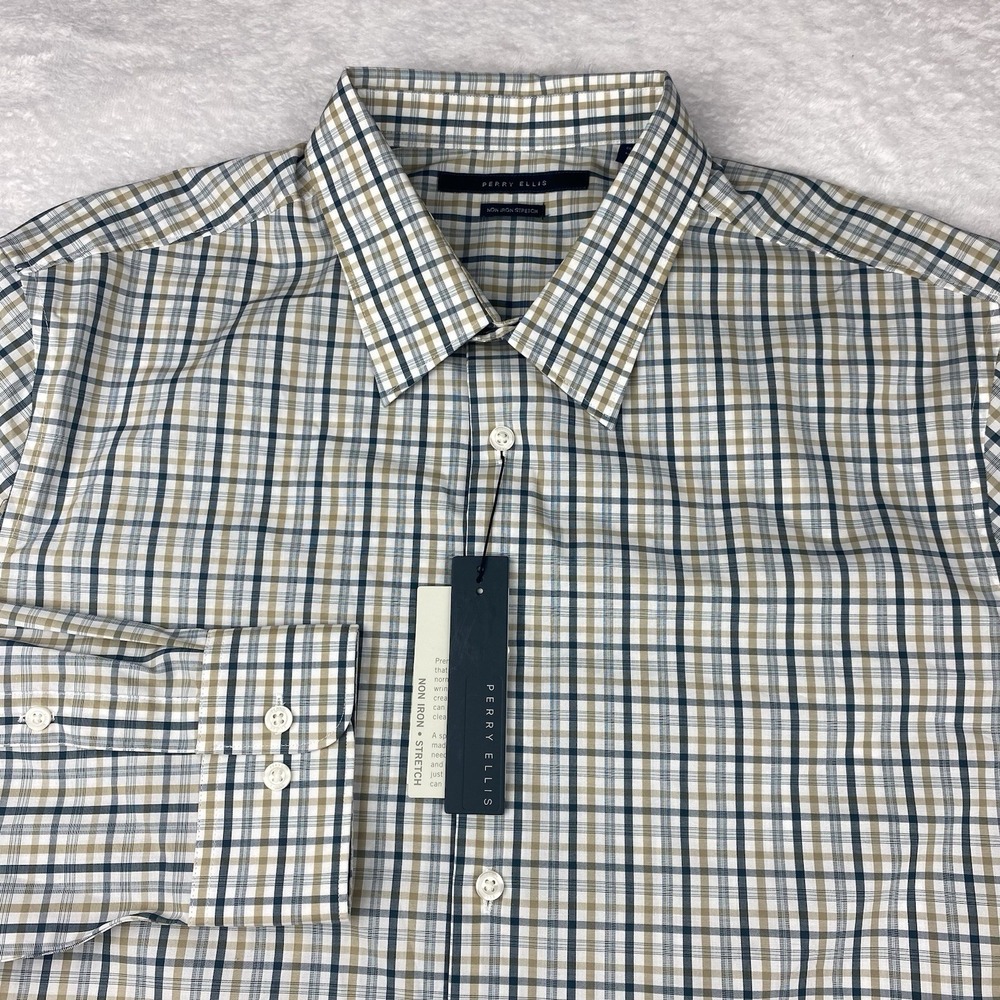 Perry Ellis Dress Shirt Mens XL Green/Tan Checks Regular No Iron Stretch NWT!